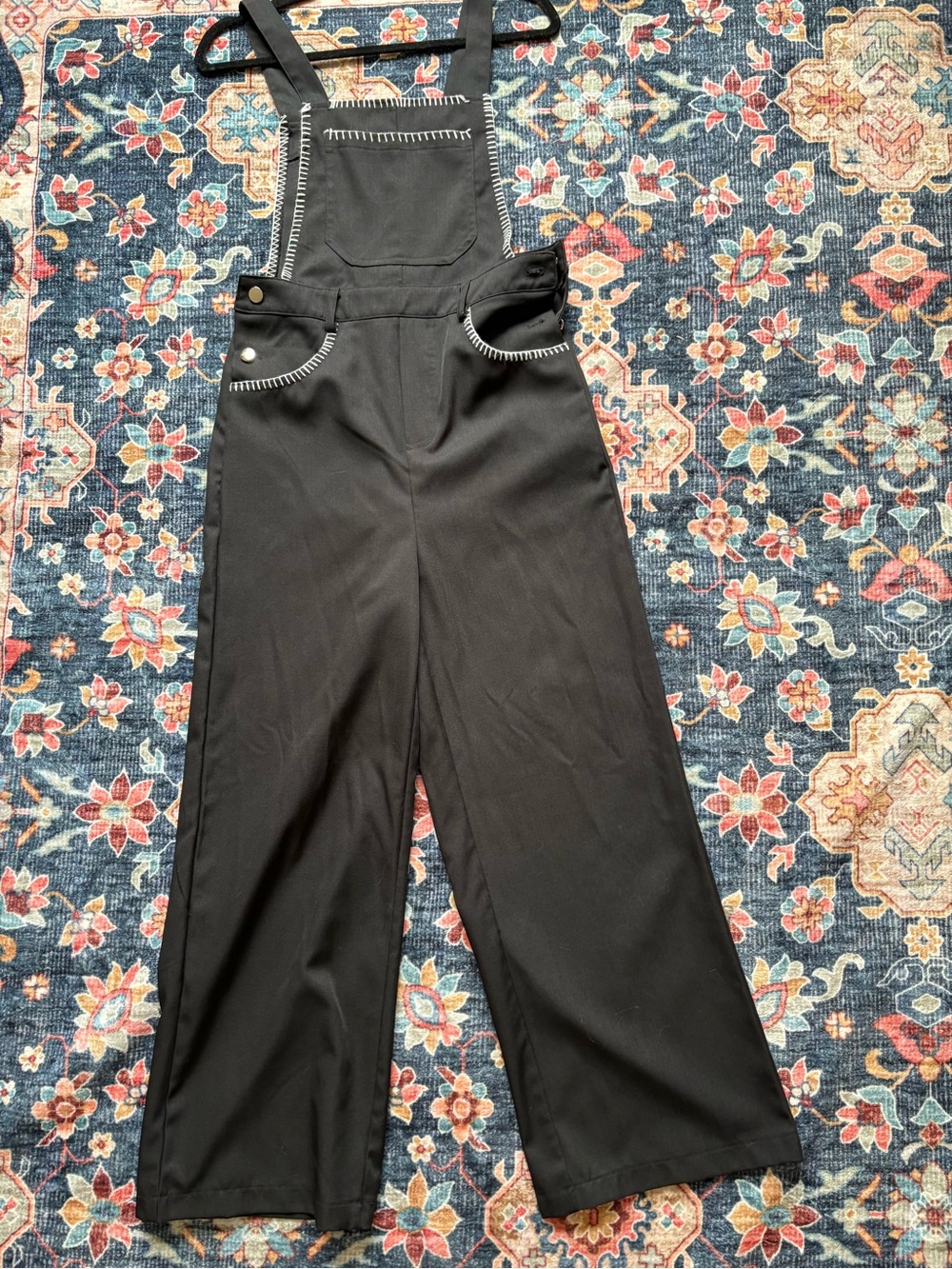 Cider Black Wide-Leg Overalls with White Contrast Stitching
